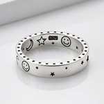 Happy Moon & Stars Silver Band Ring - (Adjustable)