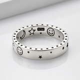 Happy Moon & Stars Silver Band Ring - (Adjustable)