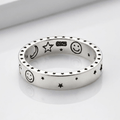 Happy Moon & Stars Silver Band Ring - (Adjustable)