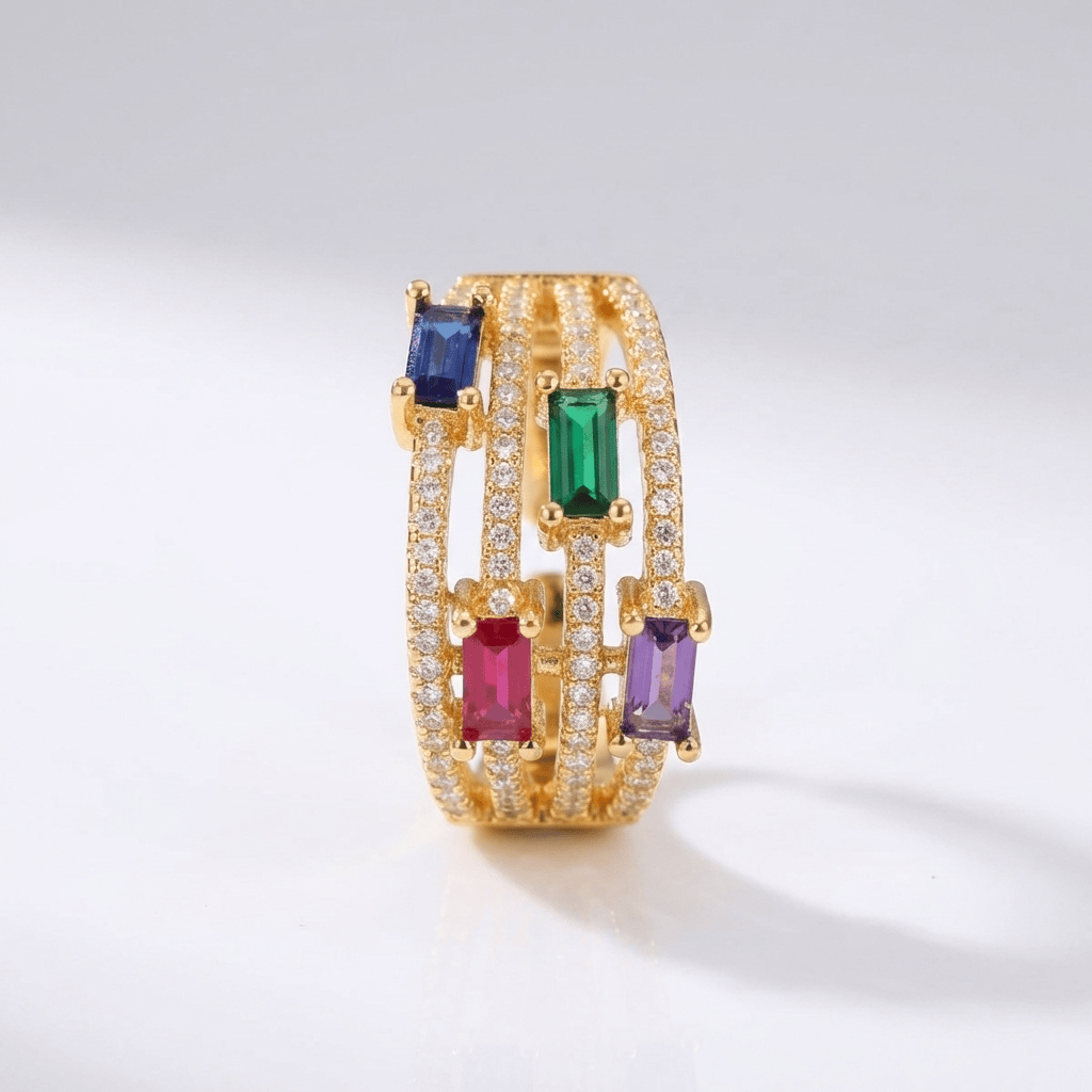 Gold Colourful Gemstone Ring - (Adjustable)