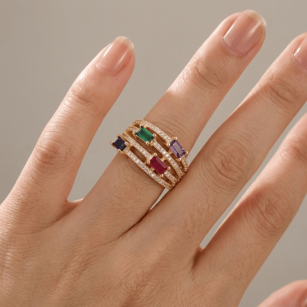Gold Colourful Gemstone Ring - (Adjustable)
