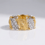 Gold Silver Leaf Pave Ring - (Adjustable)