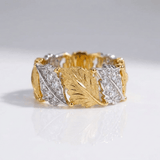 Gold Silver Leaf Pave Ring - (Adjustable)