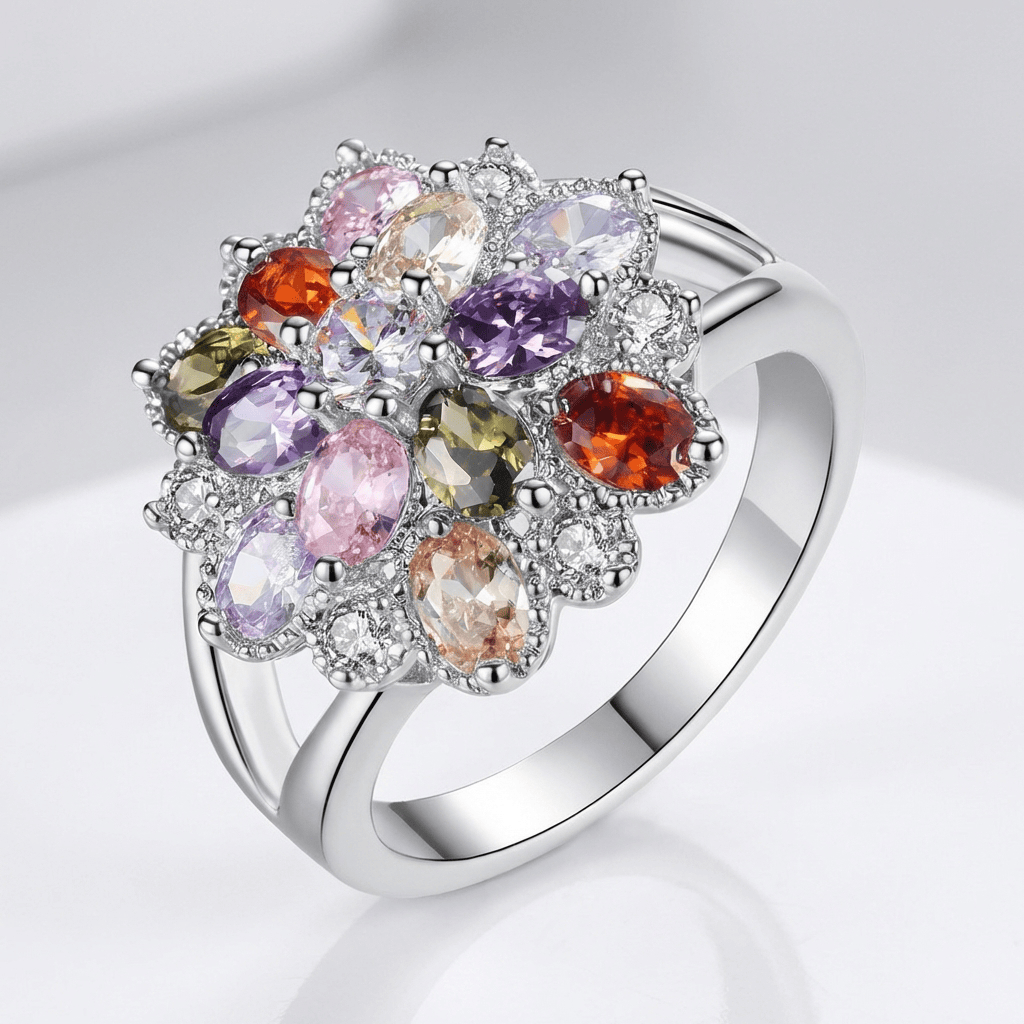 Silver Rainbow Gemstone Burst Ring