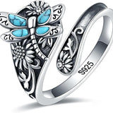 Sterling Silver Turquoise Spoon Ring – Vintage Boho Wrap Ring with Dragonfly