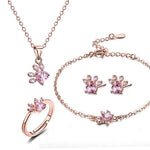 Rose Gold Paw Jewellery Set – 4 Pieces with Zirconia Heart (Ring, Necklace, Earrings, Bracelet)