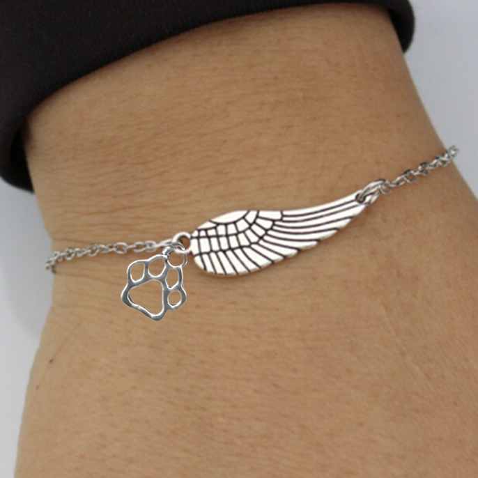 Silver Memorial Bracelet with Angel Wing & Paw Print | Handmade