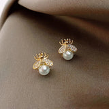Honey Bee Pearl Stud Earrings – Elegant Gold-Tone Jewellery for Women