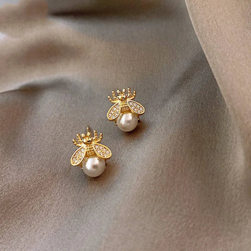 Honey Bee Pearl Stud Earrings – Elegant Gold-Tone Jewellery for Women
