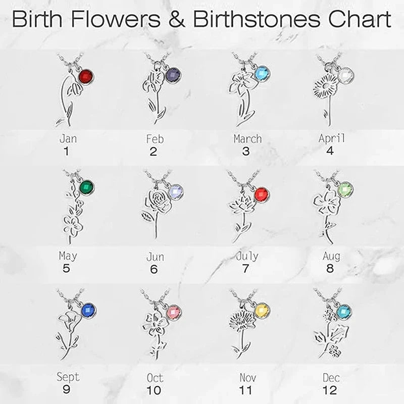Birthstone Birth Flower Necklace Personalised