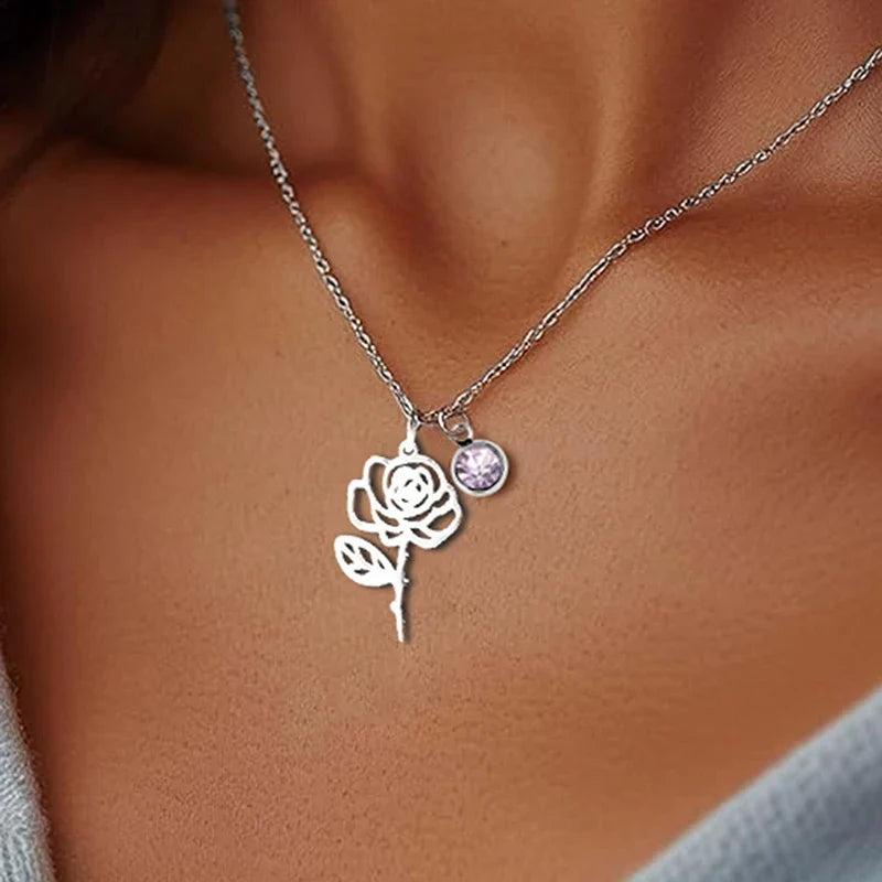 Birthstone Birth Flower Necklace Personalised