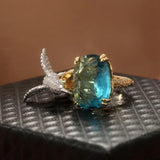 Adjustable Aquamarine-Colour Hummingbird Ring – 14K Gold Plated