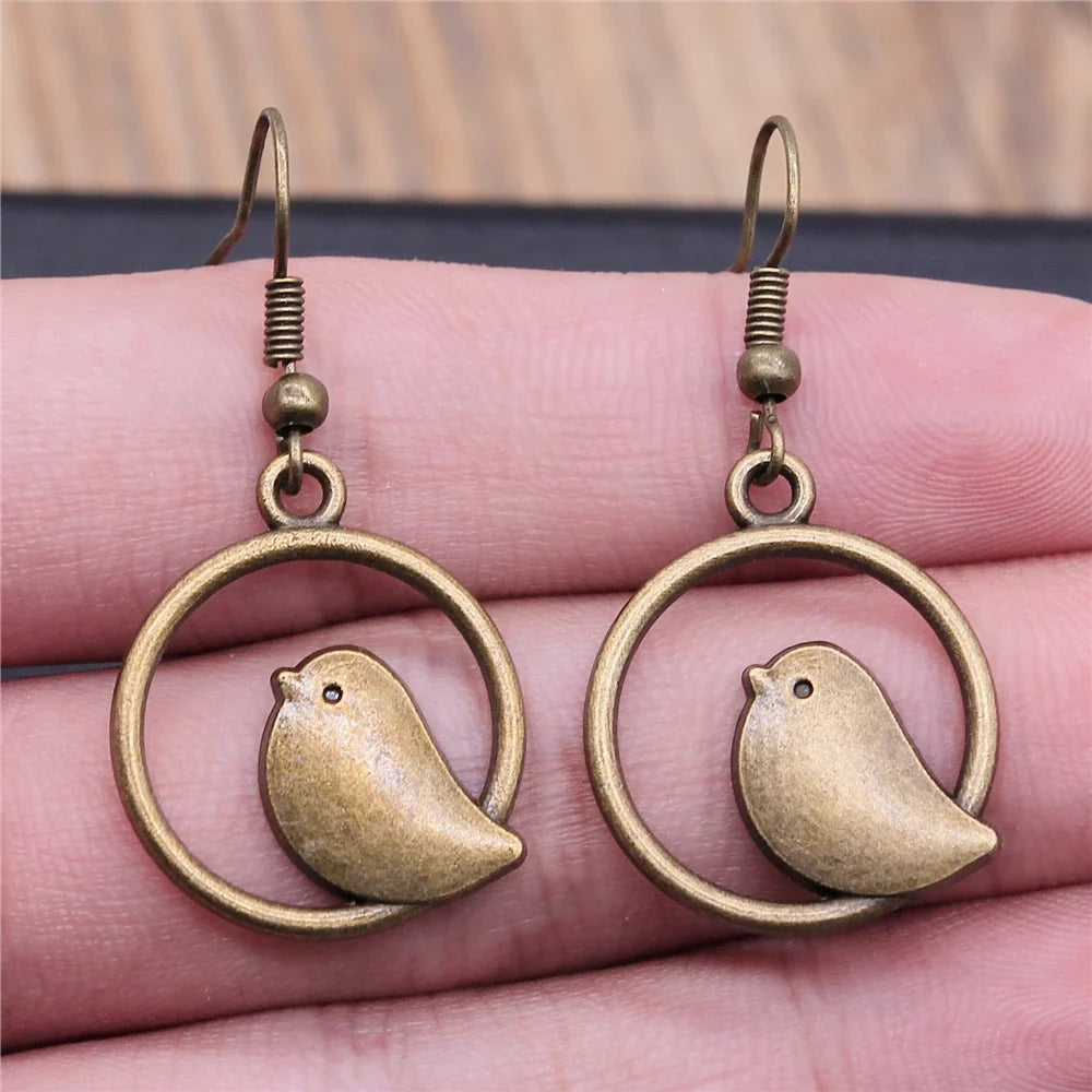 Vintage Bird Charm Drop Earrings – Handmade Boho Jewellery