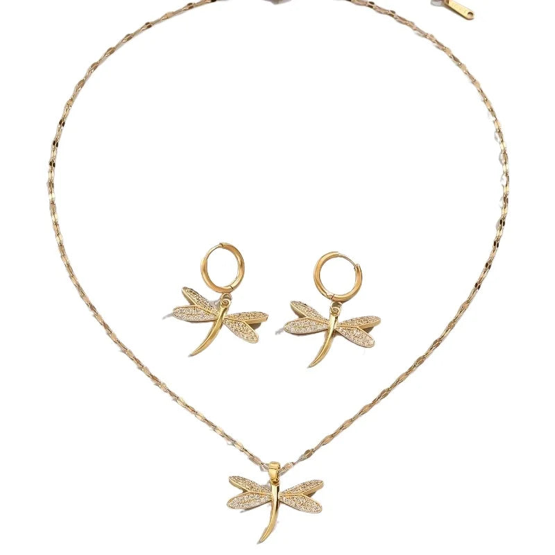 Gold Dragonfly Jewellery Necklace with Bonus Earrings