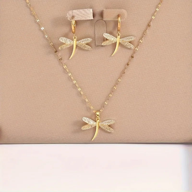 Gold Dragonfly Jewellery Necklace with Bonus Earrings