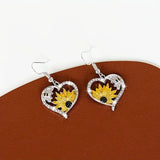 Vintage Boho Sunflower & Bee Heart Dangle Earrings