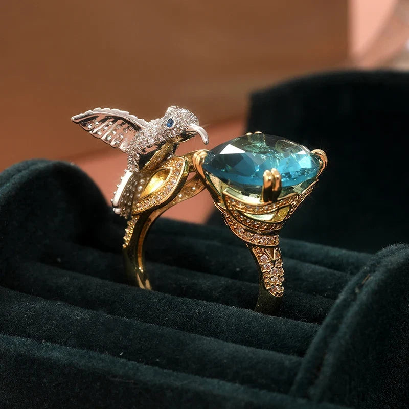 Adjustable Aquamarine-Colour Hummingbird Ring – 14K Gold Plated