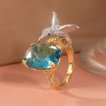 Adjustable Aquamarine-Colour Hummingbird Ring – 14K Gold Plated