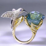 Adjustable Aquamarine-Colour Hummingbird Ring – 14K Gold Plated