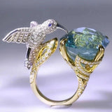 Adjustable Aquamarine-Colour Hummingbird Ring – 14K Gold Plated