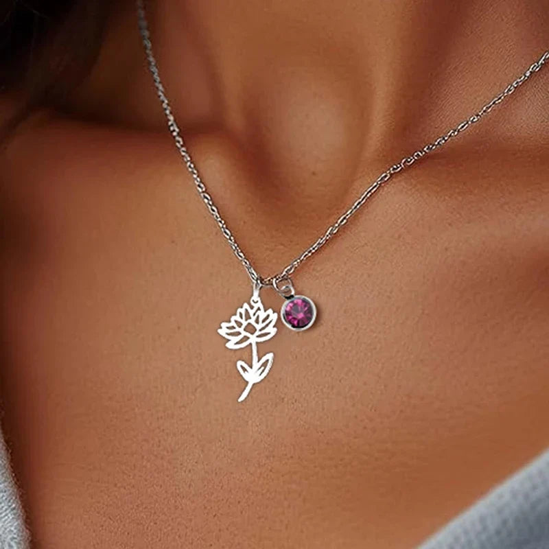 Birthstone Birth Flower Necklace Personalised