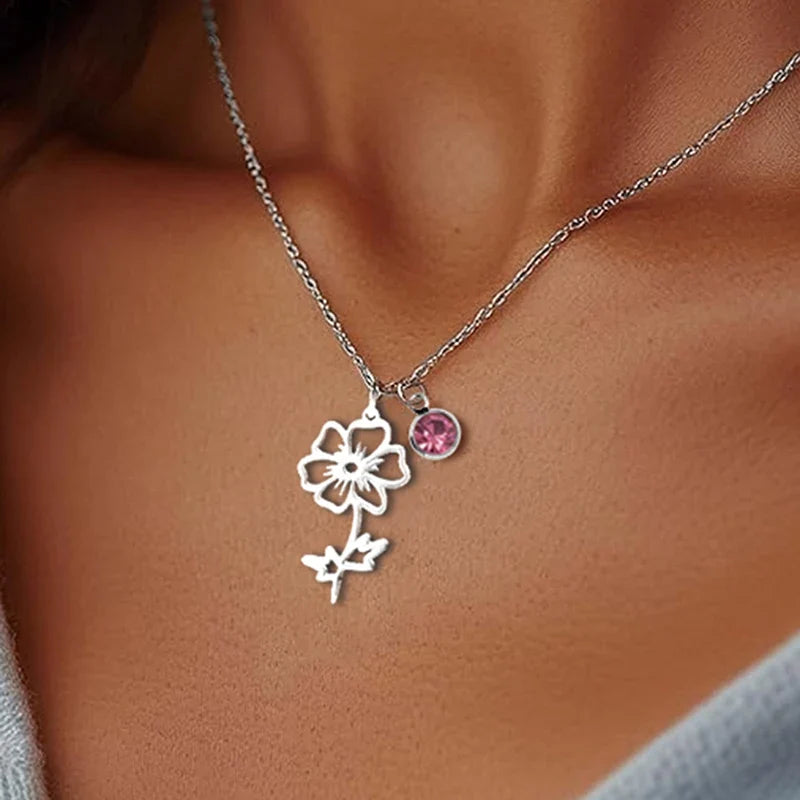Birthstone Birth Flower Necklace Personalised