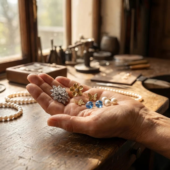 Close-up of a hand holding a delicate Robyn Jewellery piece