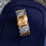 Gold Silver Leaf Pave Ring - (Adjustable)