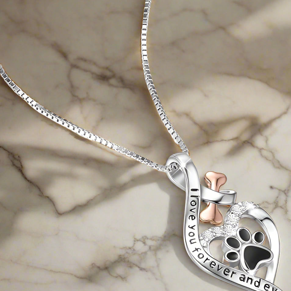Lucky Paw Necklace with Heart, Bone & Infinity – “Always in My Heart” Pendant