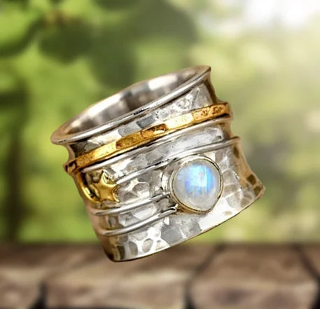 Star and Moon Moonstone Spinner Ring