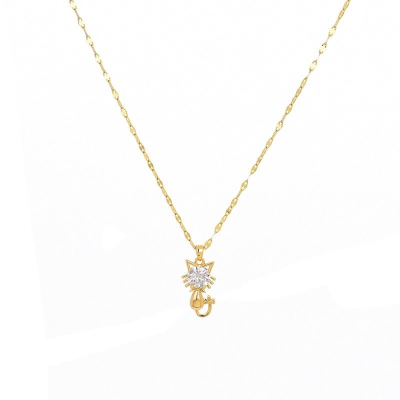 Gold Plated Cat Necklace with Zircon