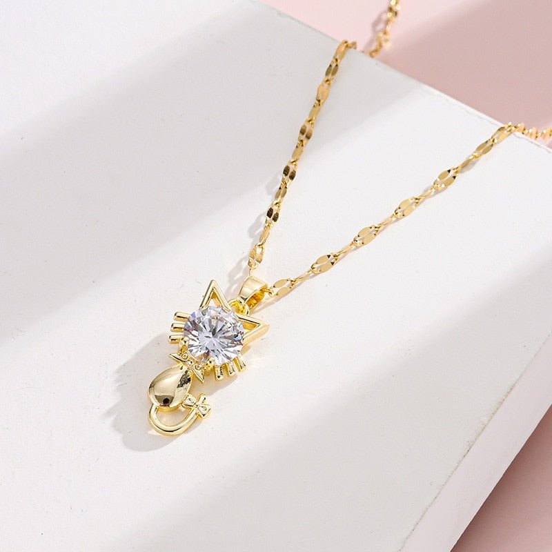 Gold Plated Cat Necklace with Zircon