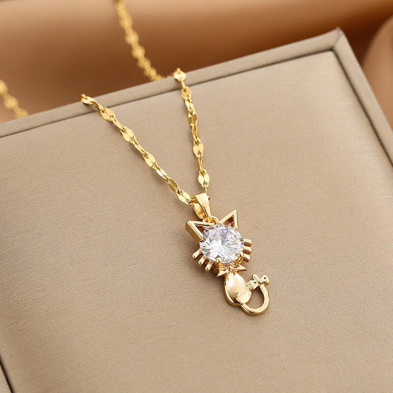 Gold Plated Cat Necklace with Zircon