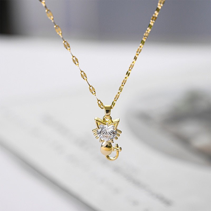 Gold Plated Cat Necklace with Zircon
