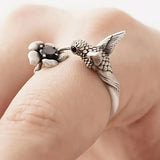 Hummingbird & Flower Ring – Adjustable Open Bird Ring for Women