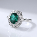 Vintage Emerald Silver Floral Ring - (Adjustable)