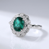 Vintage Emerald Silver Floral Ring - (Adjustable)